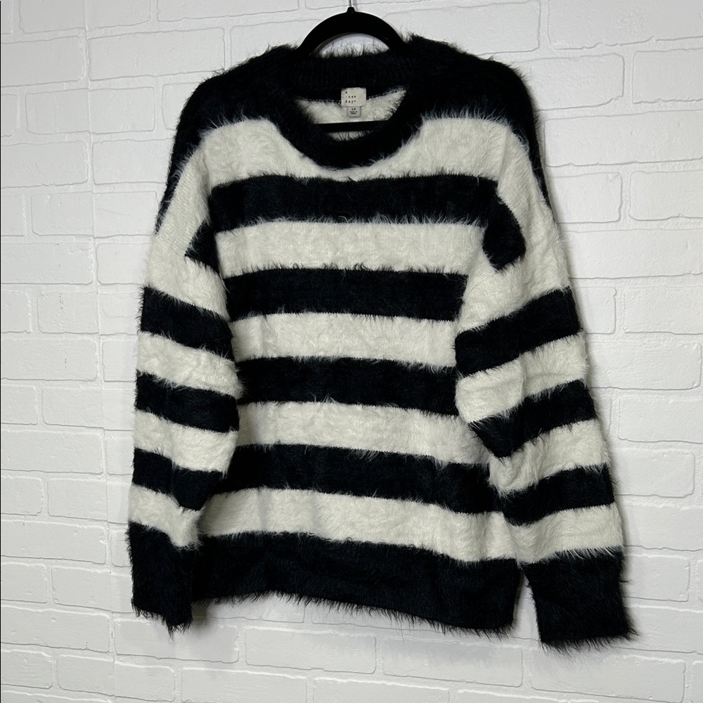 A New Day super soft Black and White Striped Fuzzy Oversized Sweater